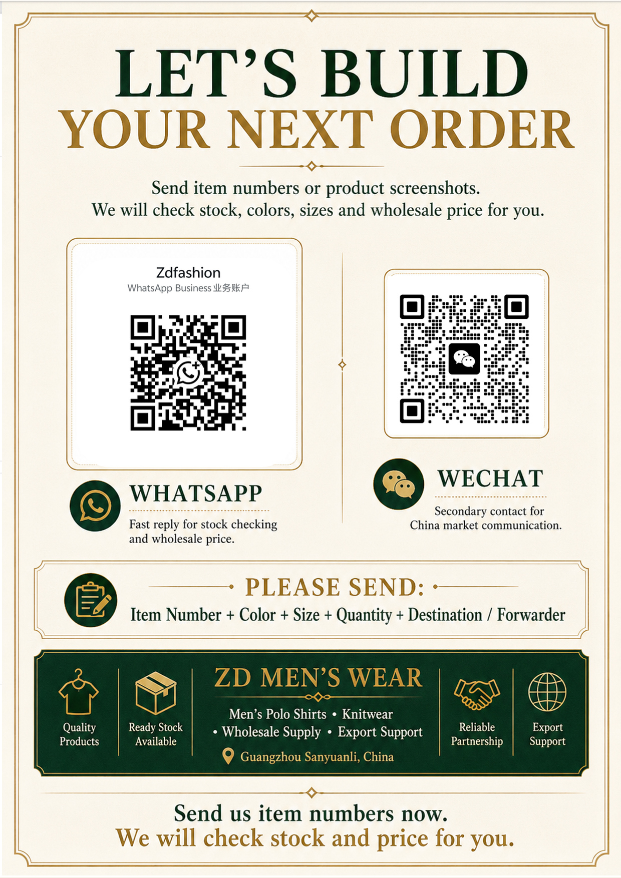 ZD Fashion contact card with WhatsApp and WeChat QR codes